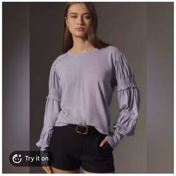 Anthropologie Tops - Anthropologie Pilcro Crew Neck-ruched And Smocked Sleeve Top Lavender Medium